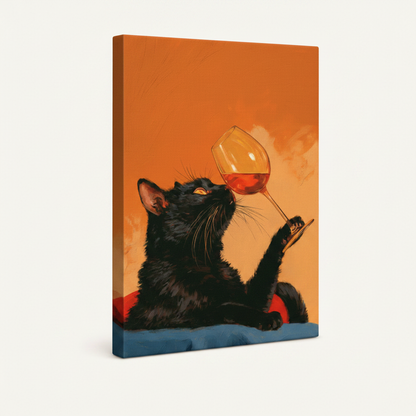 Gallery wrapped canvas of black cat raising wine glass, no frame, angled product view