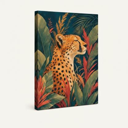 Gallery wrapped canvas print of cheetah tropical botanical art in teal and crimson, studio product shot