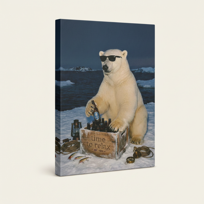 Polar bear beer art gallery-wrapped canvas side view showing thick stretcher bar depth on white background