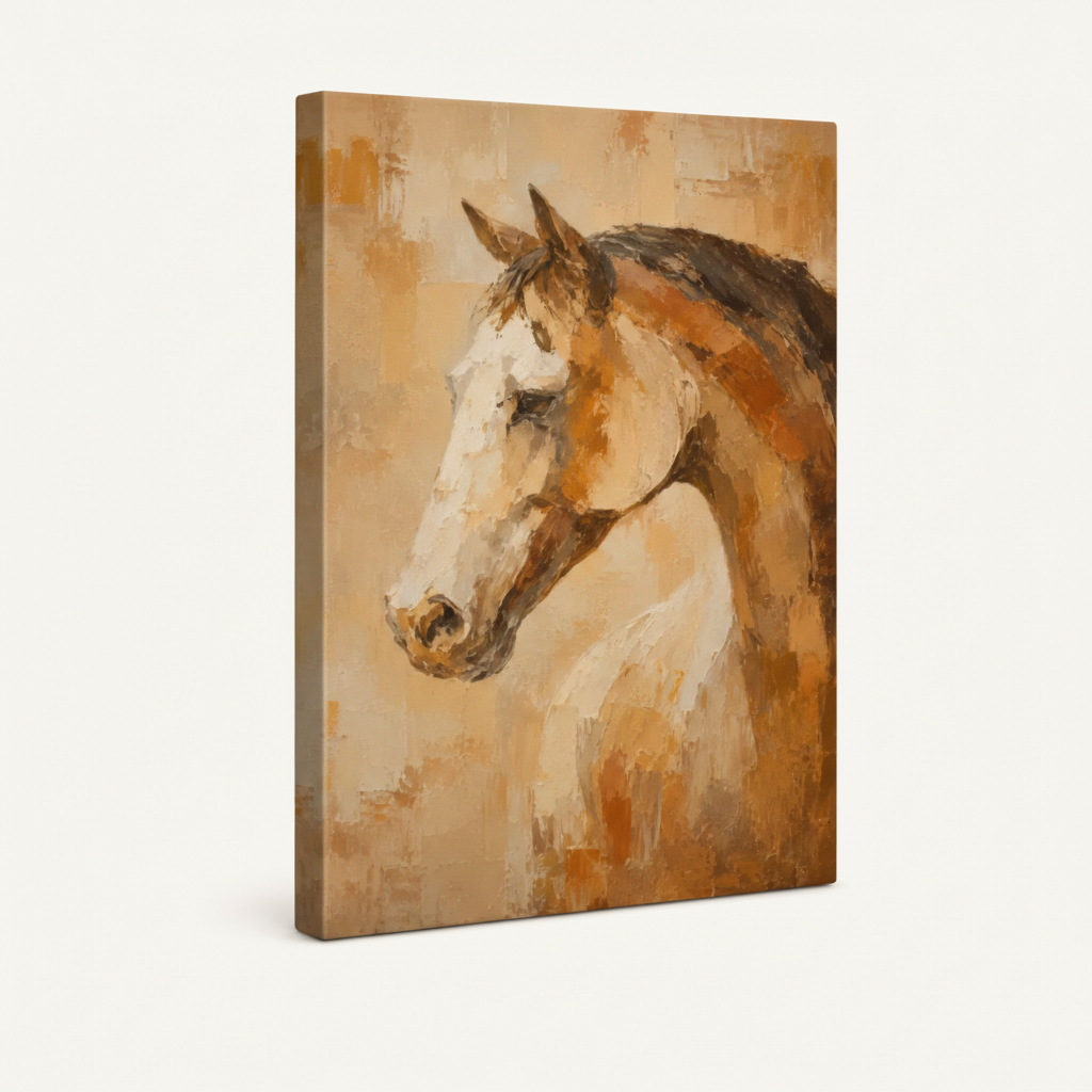 Gallery wrapped horse portrait canvas print angled product view on off-white background