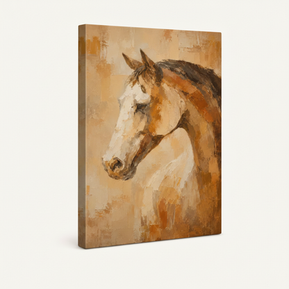 Gallery wrapped horse portrait canvas print angled product view on off-white background