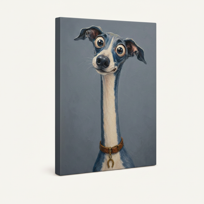 Gallery wrapped canvas of whimsical greyhound dog portrait, no frame, angled product view