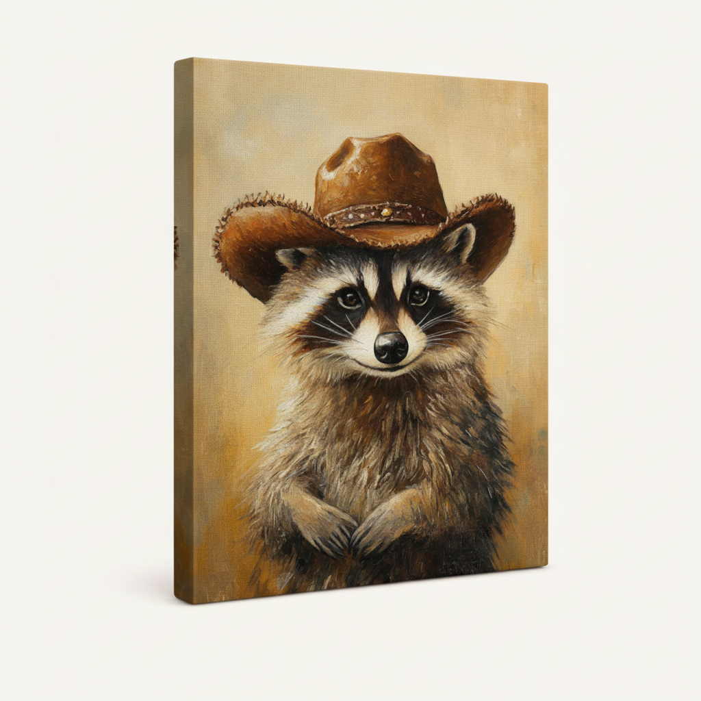Gallery wrapped canvas print of a raccoon in cowboy hat, warm golden oil painting style, angled product view