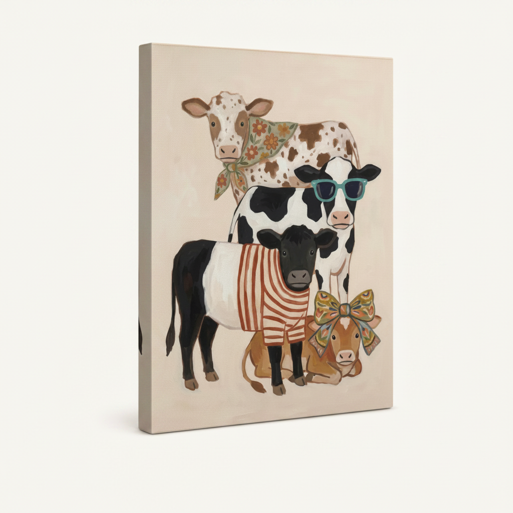 Gallery wrapped funny cow family canvas, cream wrap sides, angled left product view