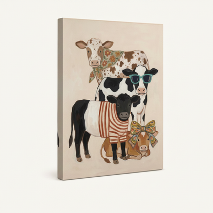 Gallery wrapped funny cow family canvas, cream wrap sides, angled left product view