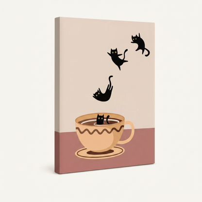Gallery wrapped canvas of whimsical black cat coffee illustration, no frame, angled product view
