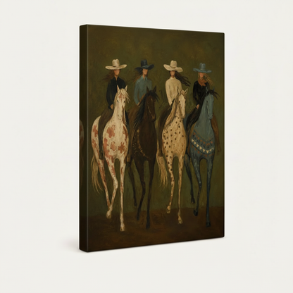 Gallery wrapped canvas print of four horseback cowgirls in moody olive western art style, studio shot