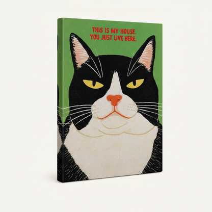 Gallery wrapped funny cat canvas print showing tuxedo cat with cheeky quote, three-quarter view
