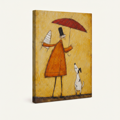 Gallery wrapped canvas print of rainy day folk art with man, red umbrella and dog, warm amber tones, angled view