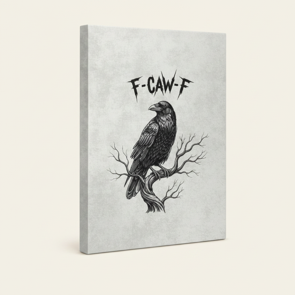 Gothic raven gallery-wrapped canvas print side view showing thick stretcher bar depth on white background
