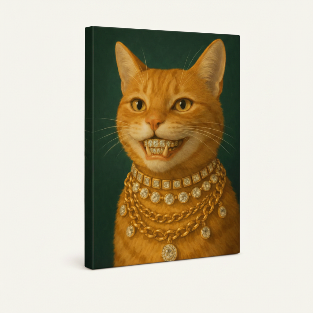 Funny cat gold chain portrait gallery-wrapped canvas product photo on cream background