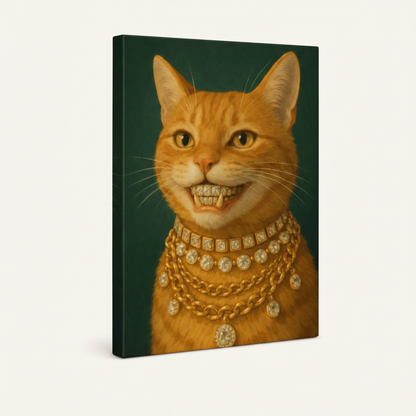 Funny cat gold chain portrait gallery-wrapped canvas product photo on cream background