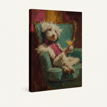 Fluffy white dog martini painting gallery-wrapped canvas product photo on white background