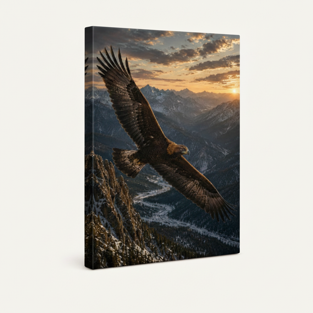 Gallery wrapped canvas eagle mountain painting angled product view white background