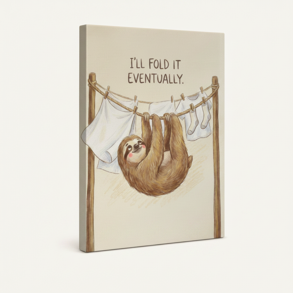 Funny sloth art gallery-wrapped canvas 3/4 view showing thick stretcher bar depth on white background