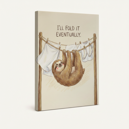 Funny sloth art gallery-wrapped canvas 3/4 view showing thick stretcher bar depth on white background