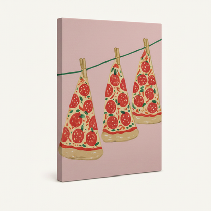 Gallery wrapped pizza clothesline canvas, blush pink wrap sides, angled left product view