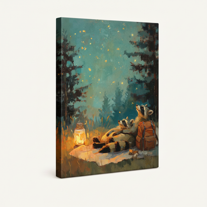Gallery wrapped raccoon campfire canvas print angled product view on cream background