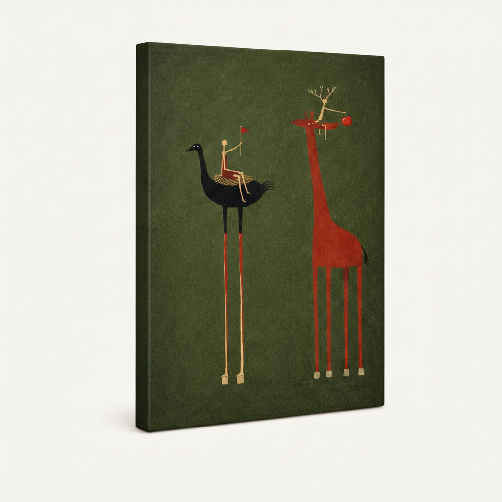 Gallery wrapped canvas of whimsical folk art ostrich and giraffe, no frame, angled product view