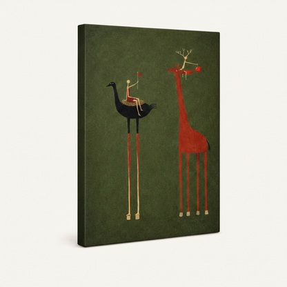 Gallery wrapped canvas of whimsical folk art ostrich and giraffe, no frame, angled product view