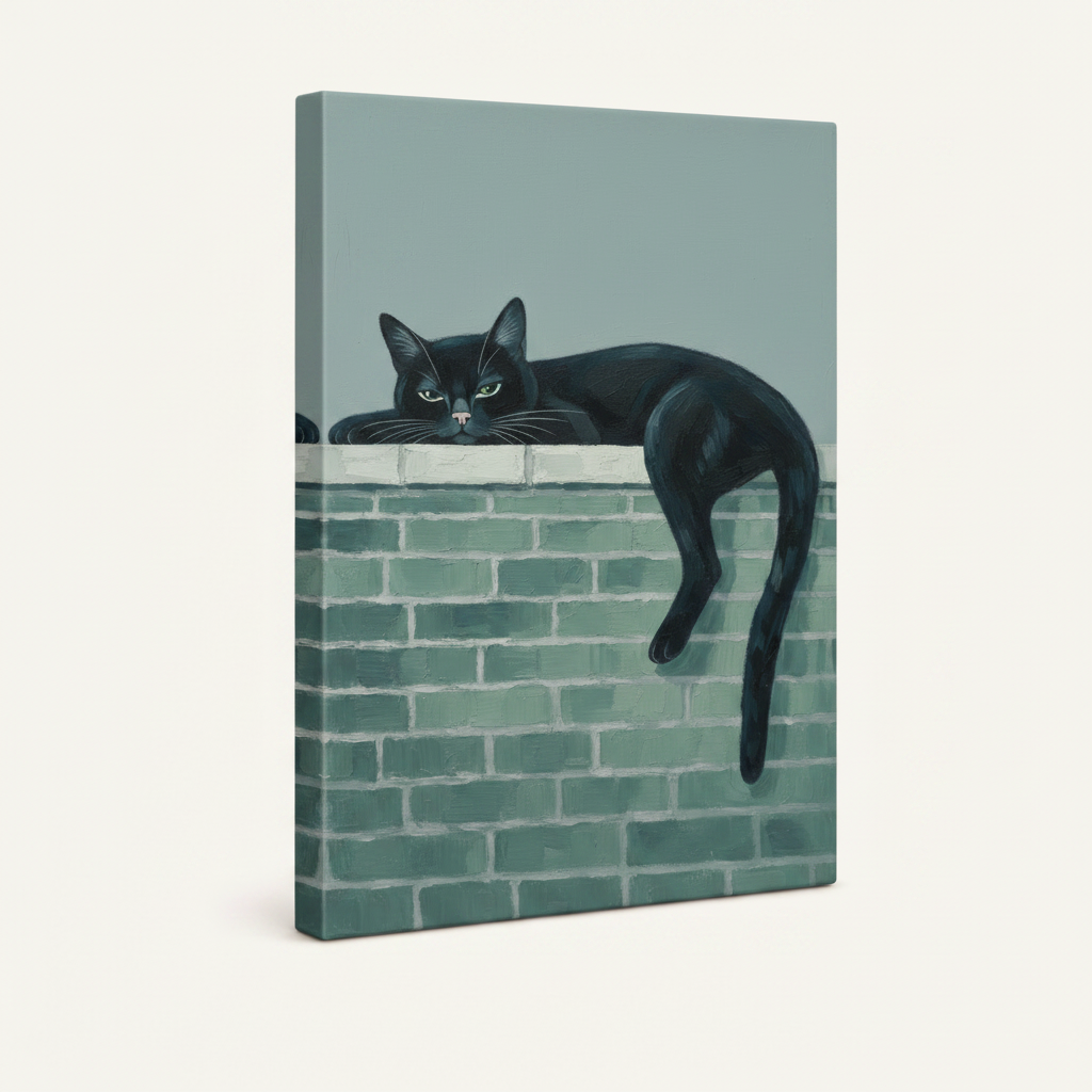 Gallery wrapped canvas print of black cat draped over teal brick wall, folk art style, studio product shot