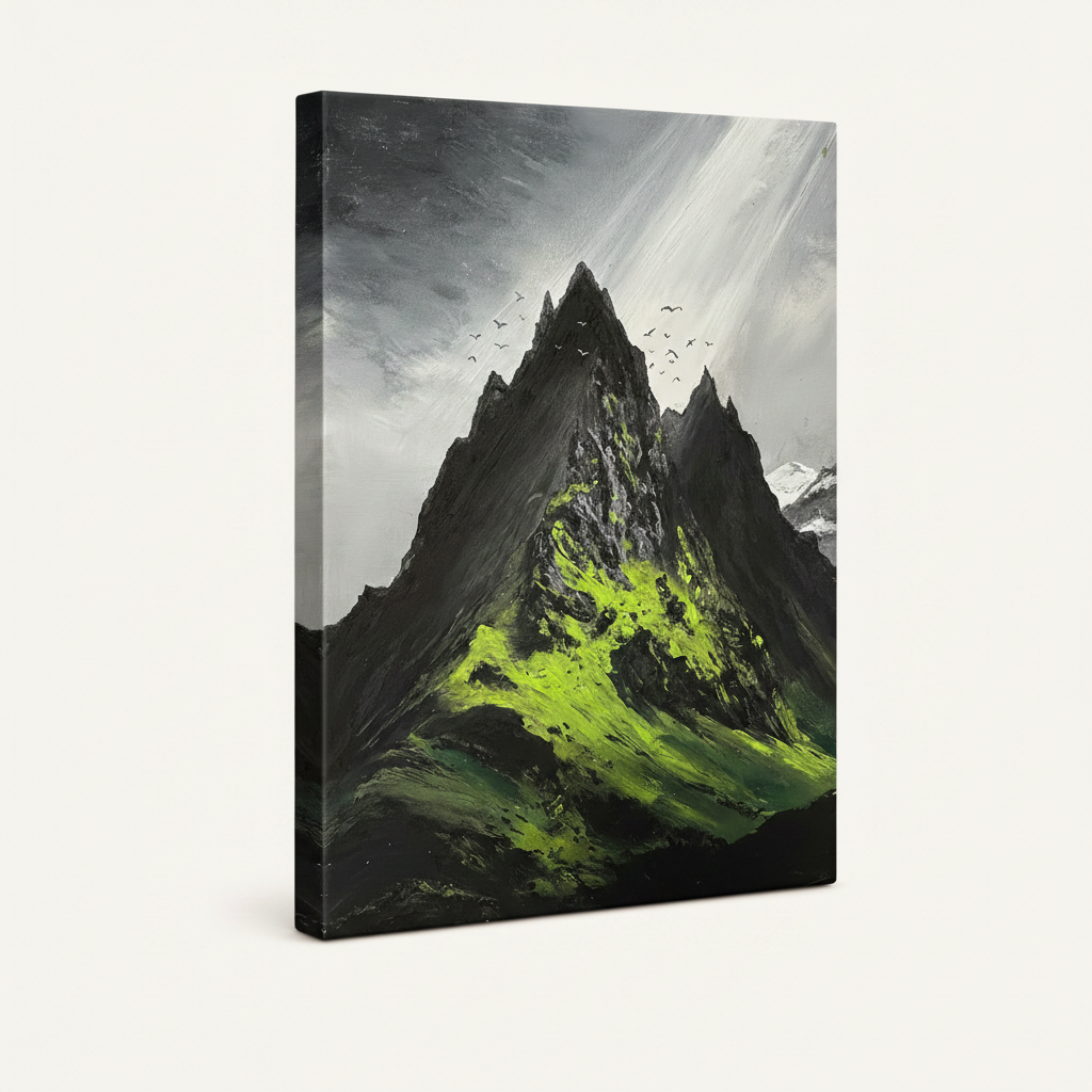 Gallery-wrapped canvas print of a stormy mountain peak with vivid green slopes, white background