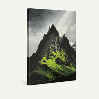 Gallery-wrapped canvas print of a stormy mountain peak with vivid green slopes, white background