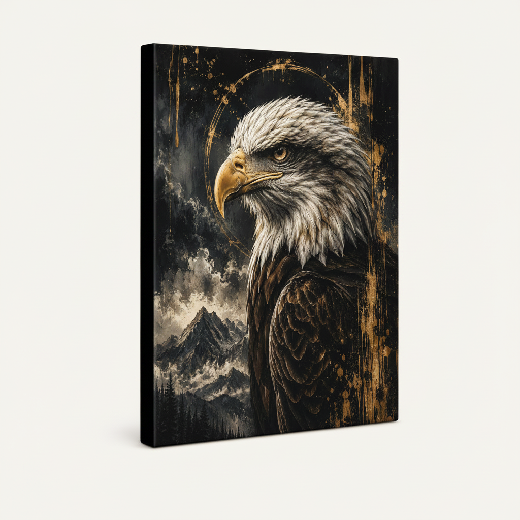 Gallery wrapped bald eagle black gold canvas print angled product view on cream background