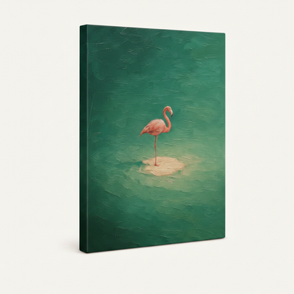 Gallery wrapped flamingo canvas print showing coral-pink bird on teal background, three-quarter studio view