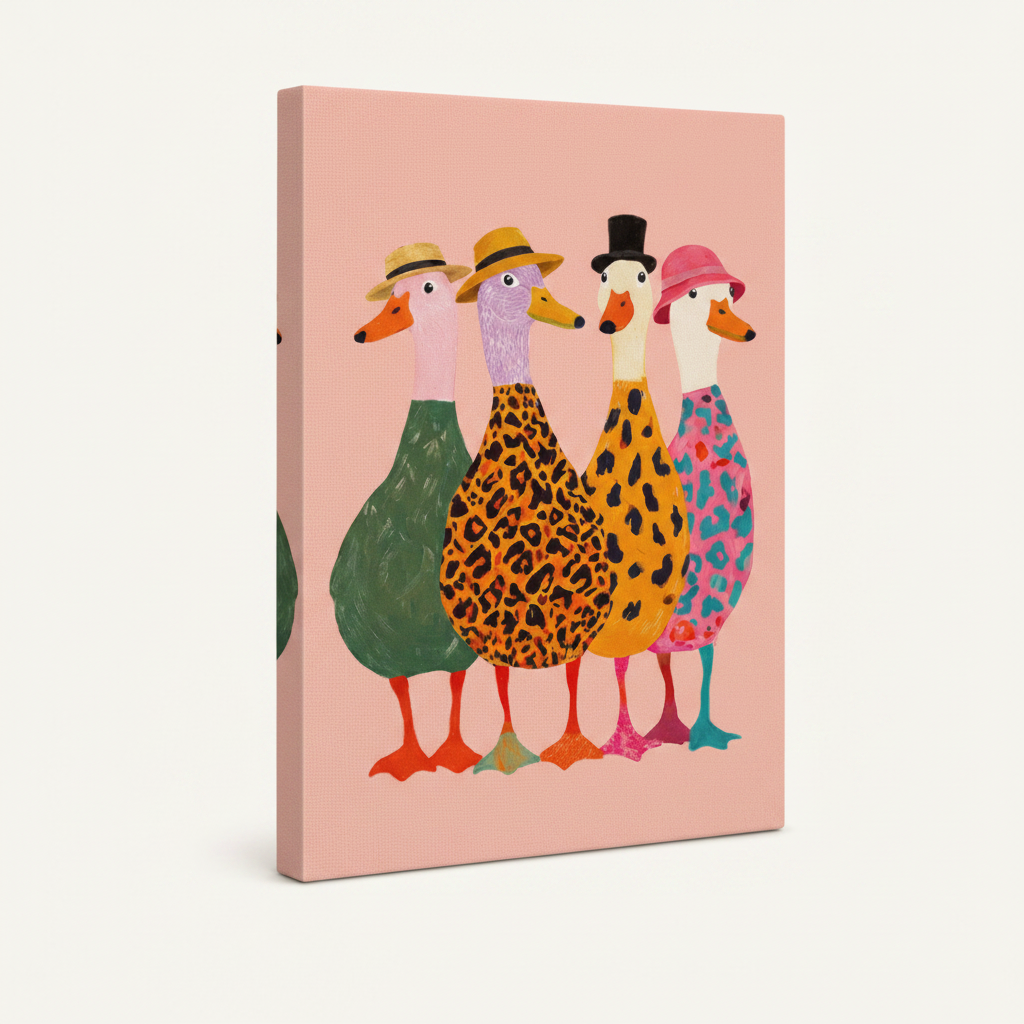 Gallery wrapped canvas print of four stylish ducks in leopard print and hats, blush pink background, angled product view