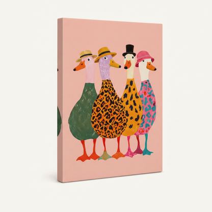Gallery wrapped canvas print of four stylish ducks in leopard print and hats, blush pink background, angled product view