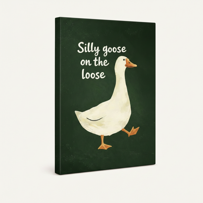 Gallery wrapped silly goose chalkboard canvas print shown at angle on off-white background