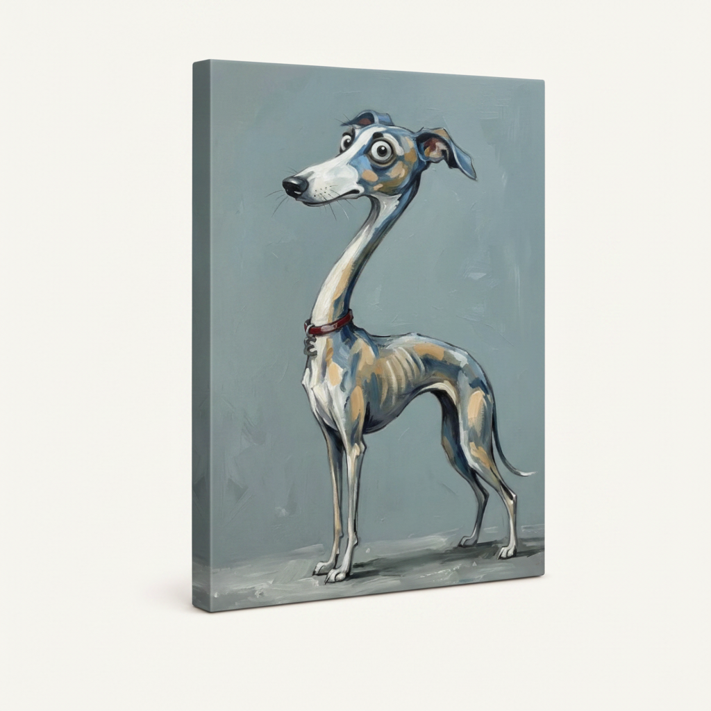 Gallery-wrapped greyhound dog canvas print shown at three-quarter angle on off-white background