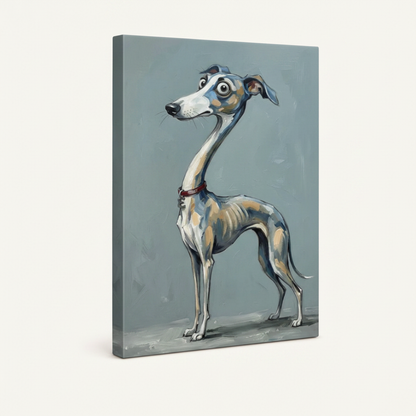 Gallery-wrapped greyhound dog canvas print shown at three-quarter angle on off-white background