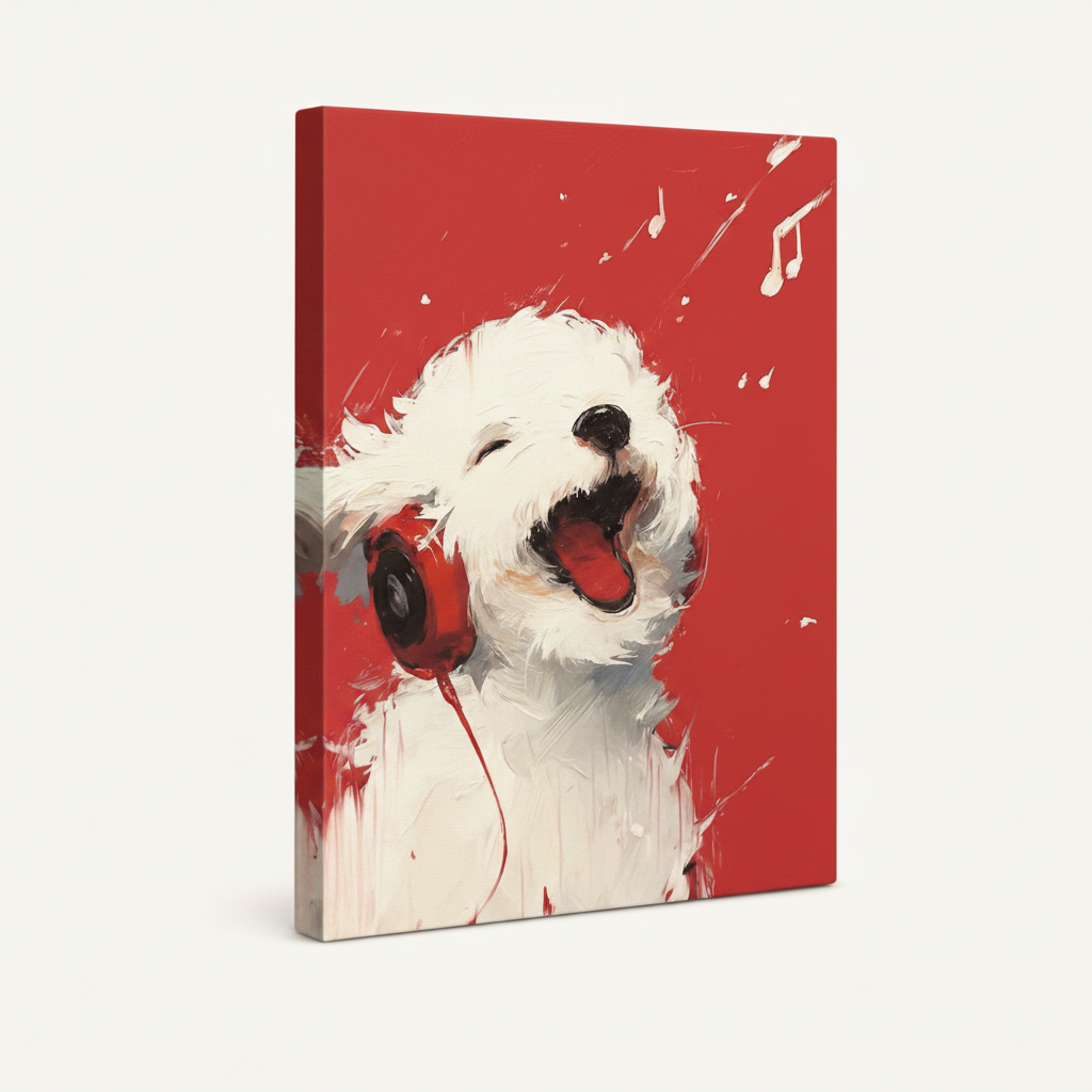 Gallery-wrapped fluffy white dog singing canvas print shown at three-quarter angle on off-white background