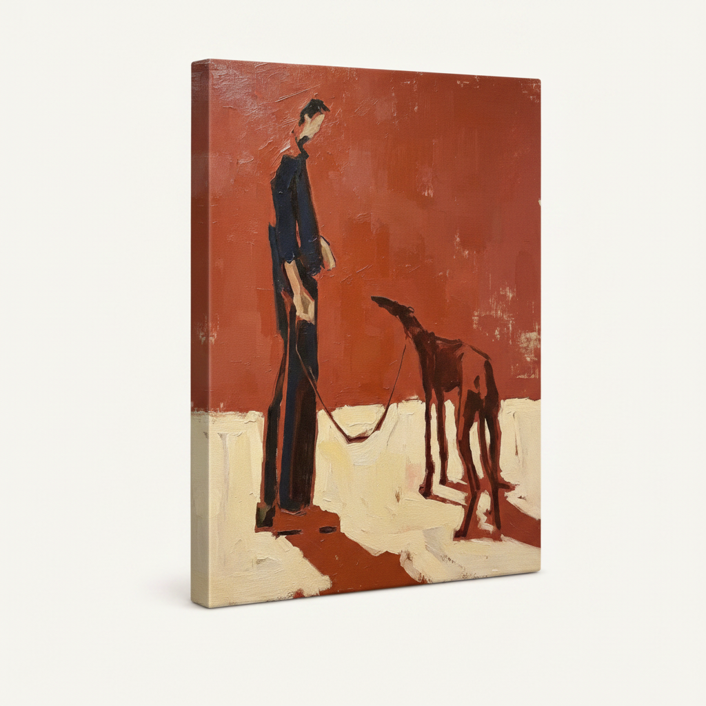 Gallery-wrapped minimalist figure and greyhound canvas print shown at three-quarter angle on off-white background