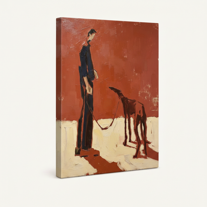Gallery-wrapped minimalist figure and greyhound canvas print shown at three-quarter angle on off-white background