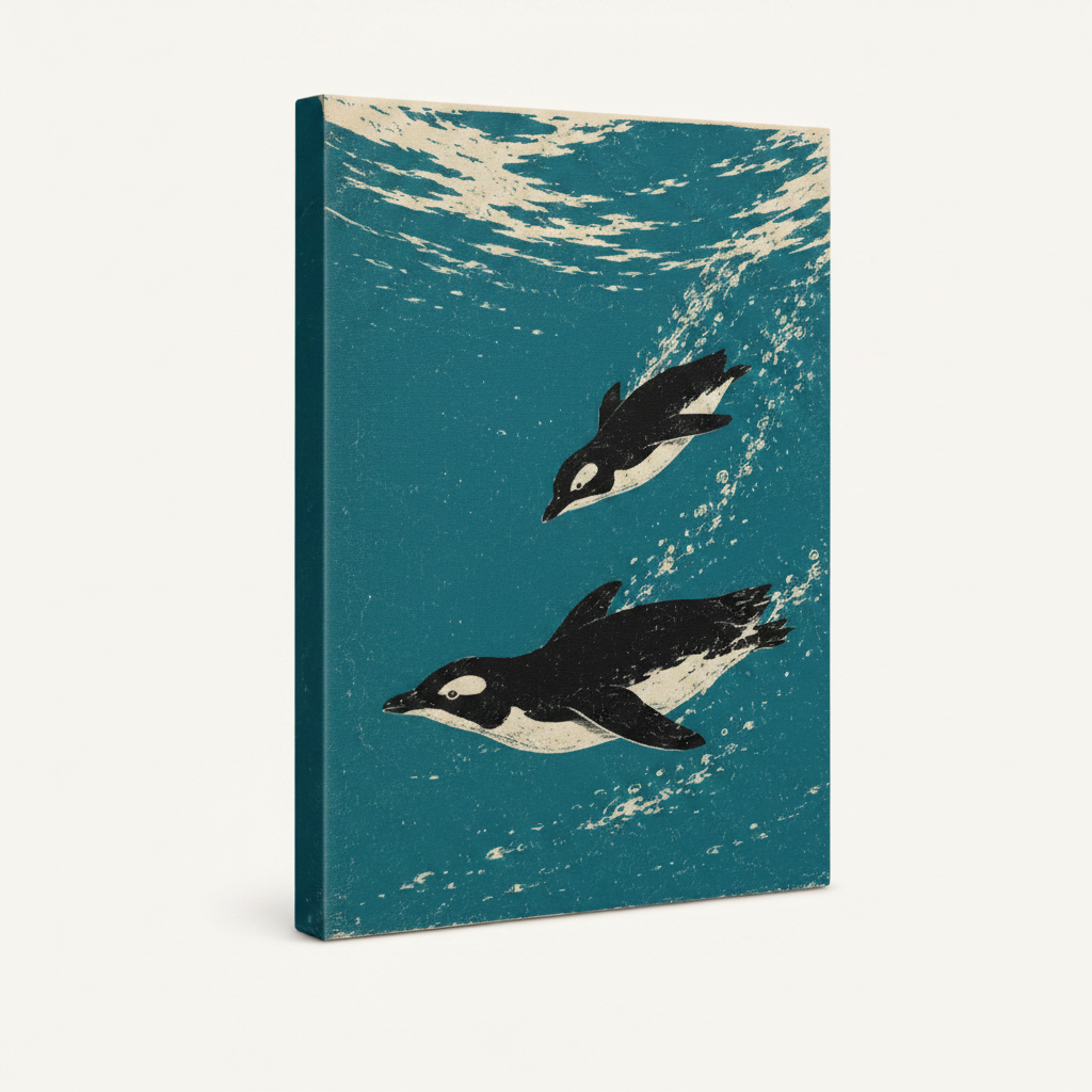 Gallery wrapped swimming penguins linocut canvas print with dark sides shown at 3/4 angle on white background