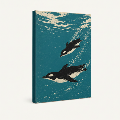 Gallery wrapped swimming penguins linocut canvas print with dark sides shown at 3/4 angle on white background