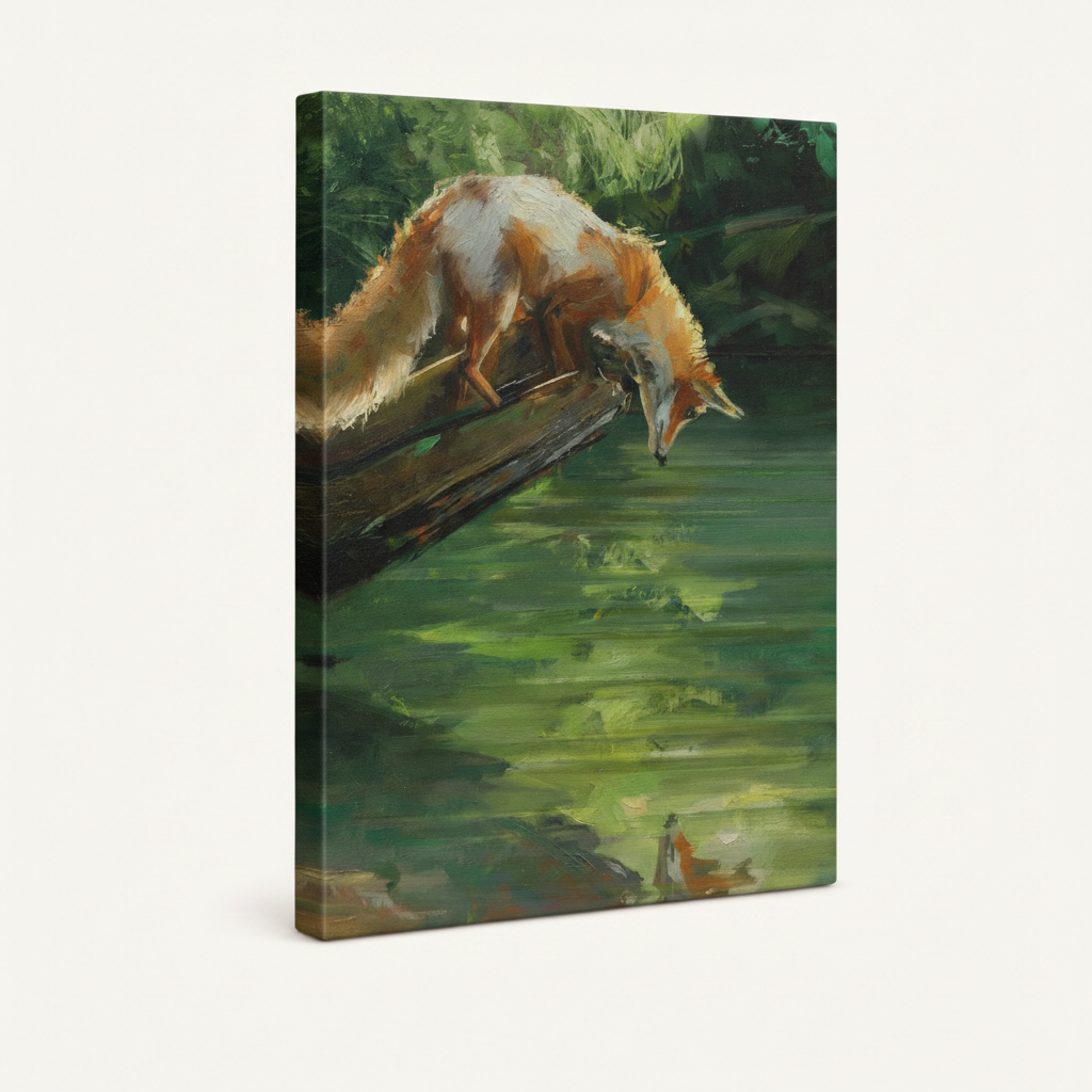  Gallery-wrapped red fox forest painting canvas print shown at three-quarter angle on off-white background