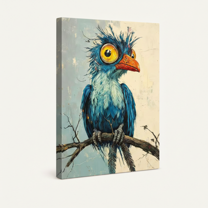 Gallery-wrapped quirky blue bird canvas print shown at three-quarter angle on off-white background