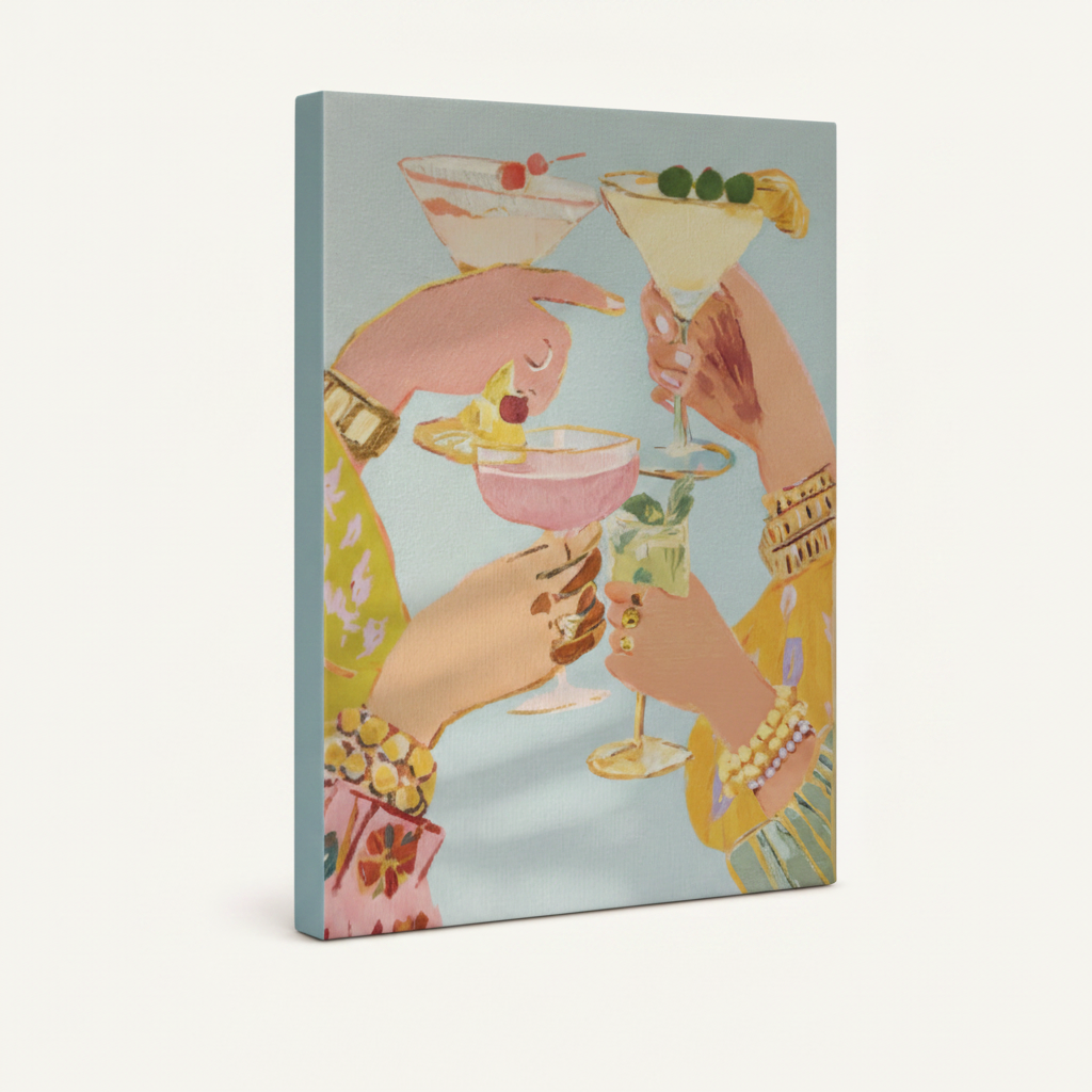 Gallery wrapped canvas cocktail toast print shown at angle on white background, pastel blue sides