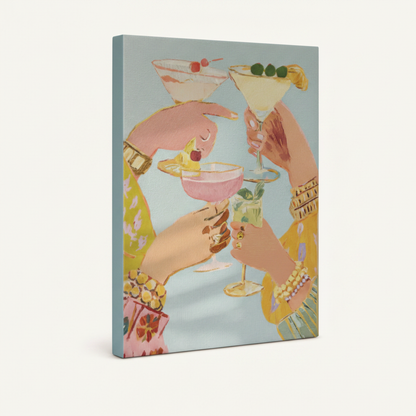 Gallery wrapped canvas cocktail toast print shown at angle on white background, pastel blue sides