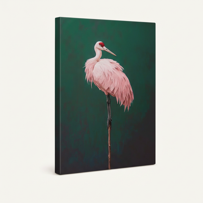 Gallery-wrapped roseate spoonbill canvas print shown at three-quarter angle on off-white background