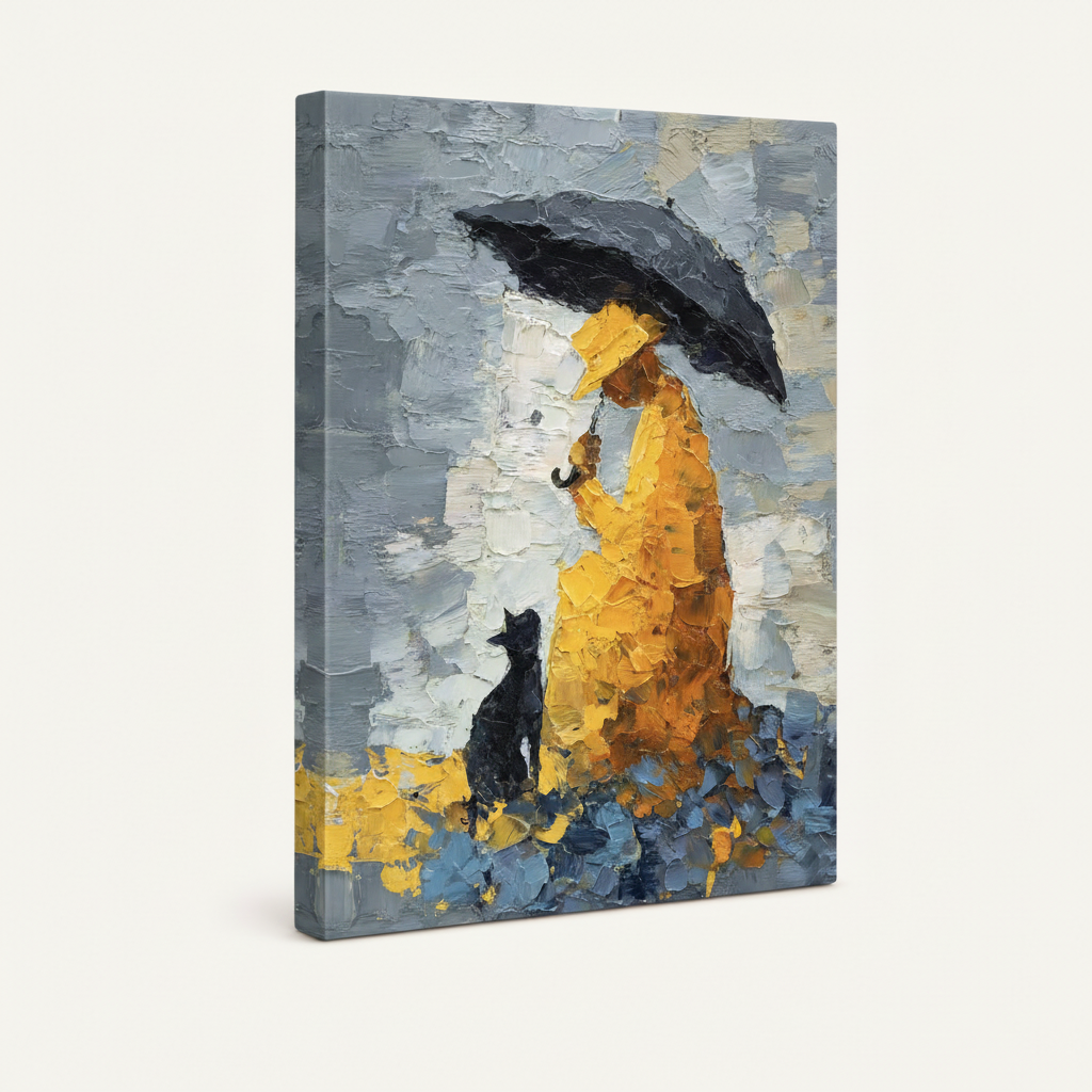 Gallery-wrapped yellow raincoat and black cat impasto canvas shown at three-quarter angle on cream background