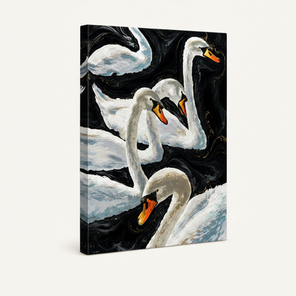 Gallery-wrapped white swans black marble impasto canvas print at three-quarter angle on off-white background