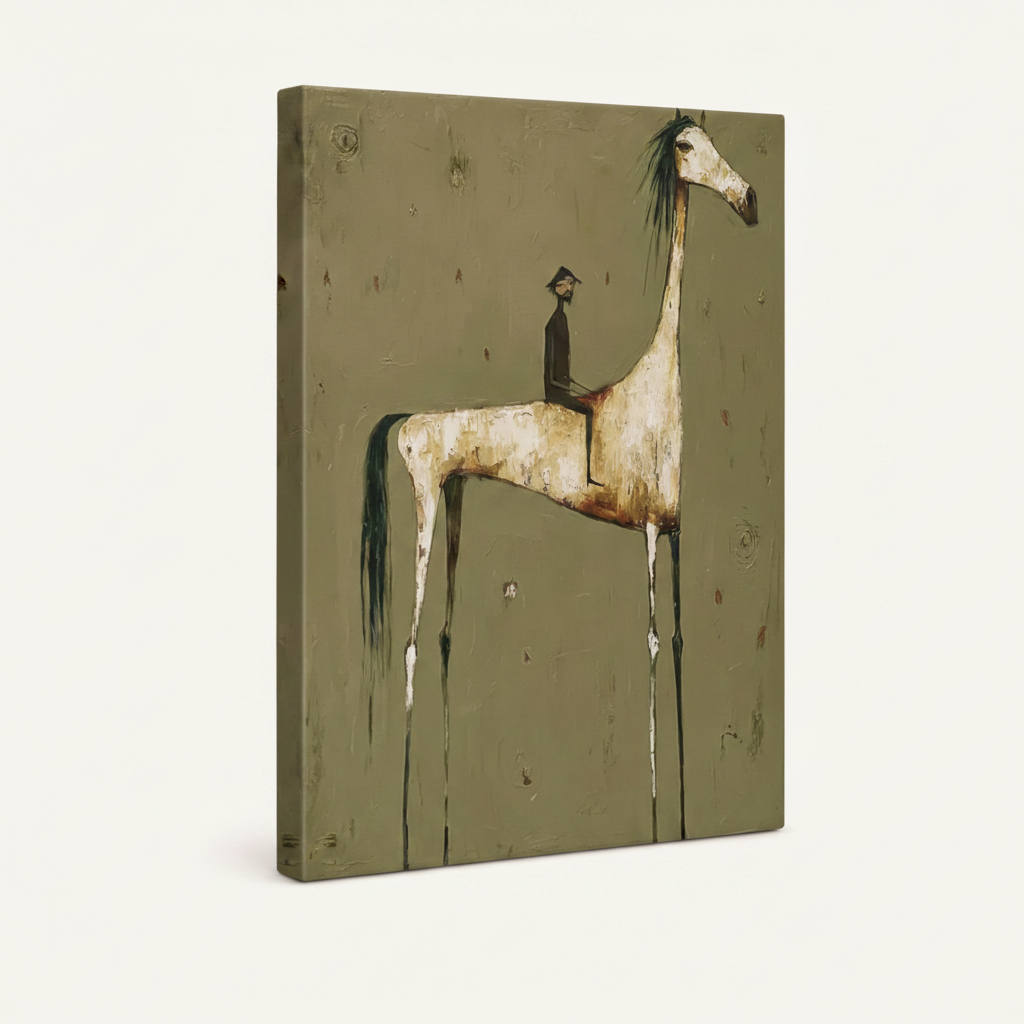  Gallery-wrapped white horse rider folk art canvas print at three-quarter angle on off-white background