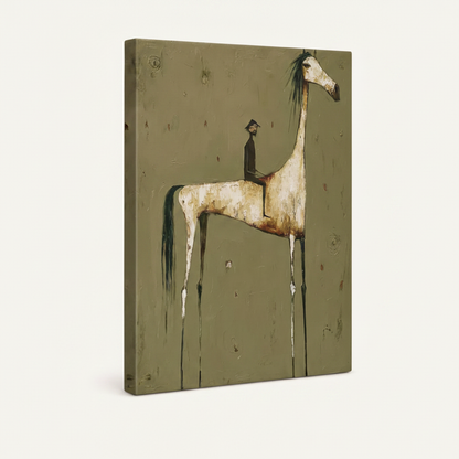  Gallery-wrapped white horse rider folk art canvas print at three-quarter angle on off-white background