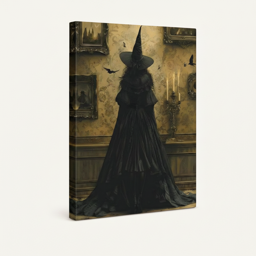 Gallery-wrapped gothic witch canvas print shown at three-quarter angle on off-white background