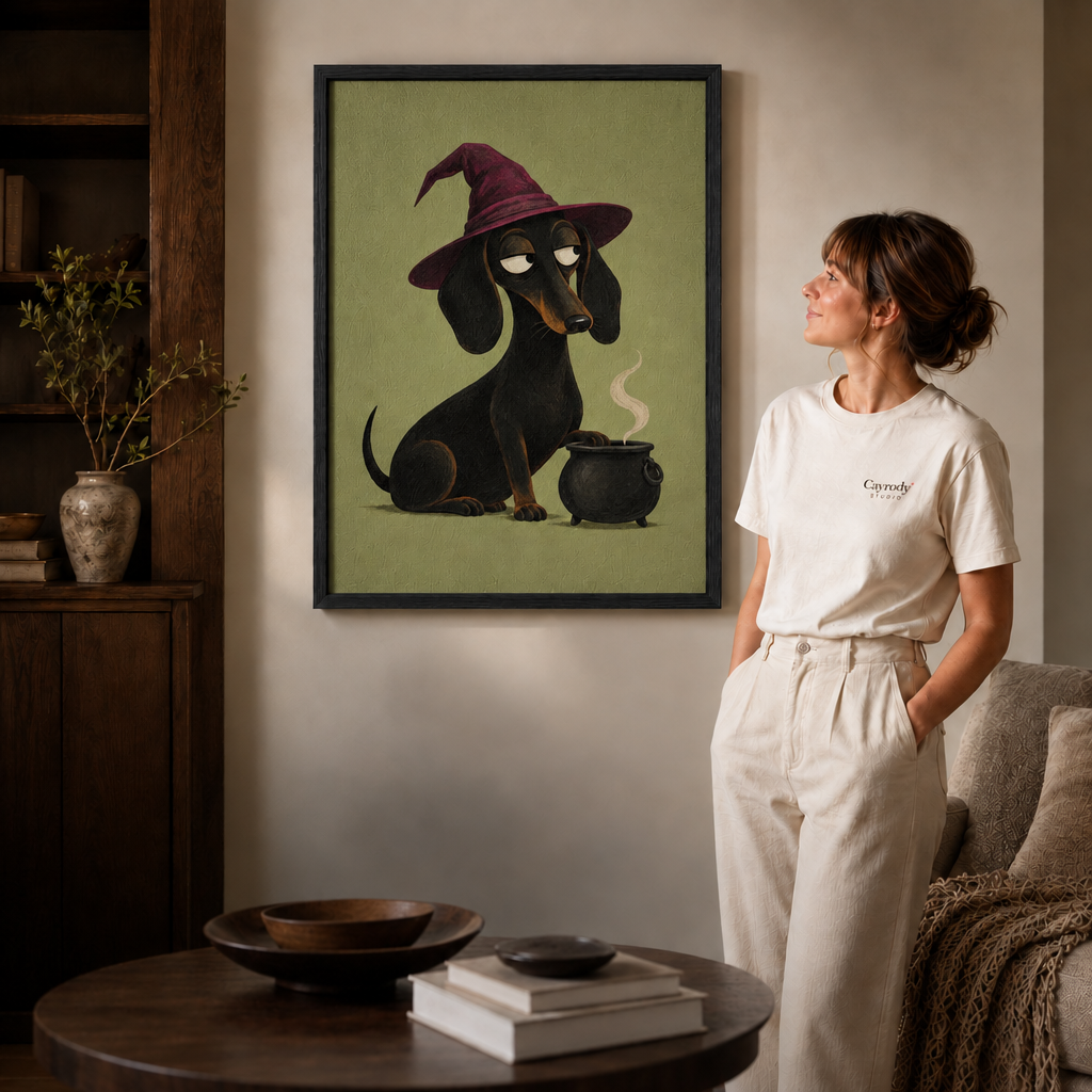 Woman in a white tee standing beside a black-framed witch dachshund canvas in a softly lit modern living room.